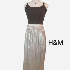 H&M Y2K Metallic Silver Futuristic Pleated Long Skirt Size 6 MC Bling Alt 90's